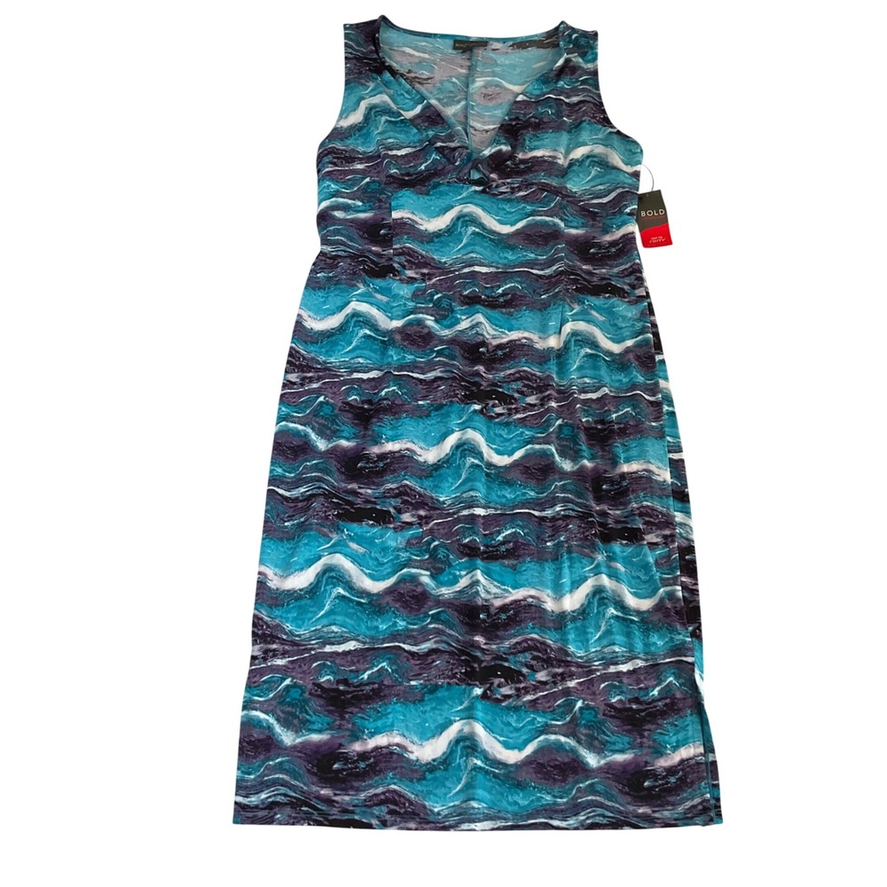Bold Elements Sleeveless Midi Dress Womens L Blue Purple Abstract Wave V-Neck
